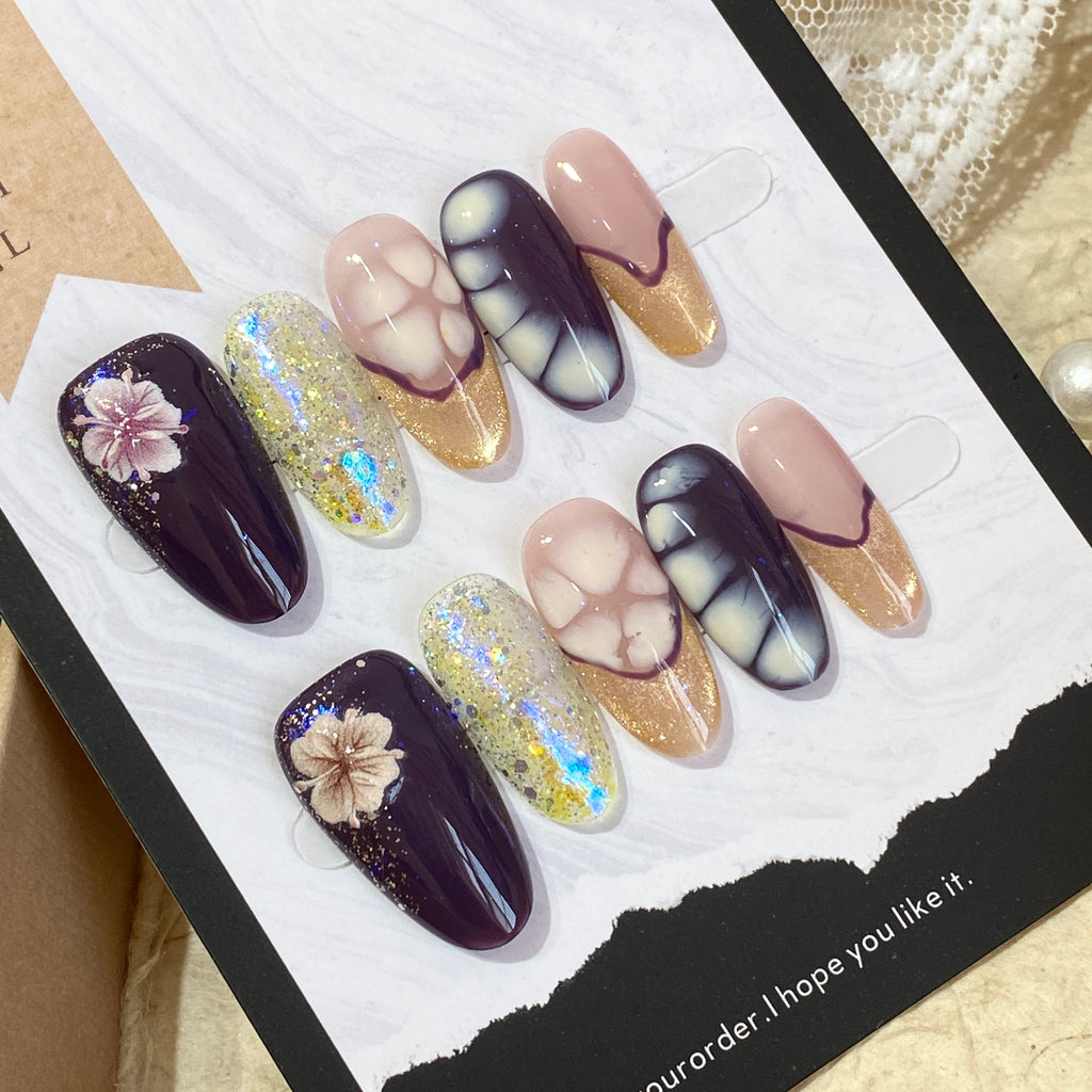 Twilight Purple & Golden Floral Press-On Nails