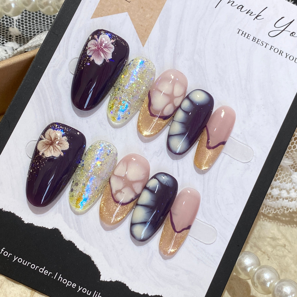 Twilight Purple & Golden Floral Press-On Nails