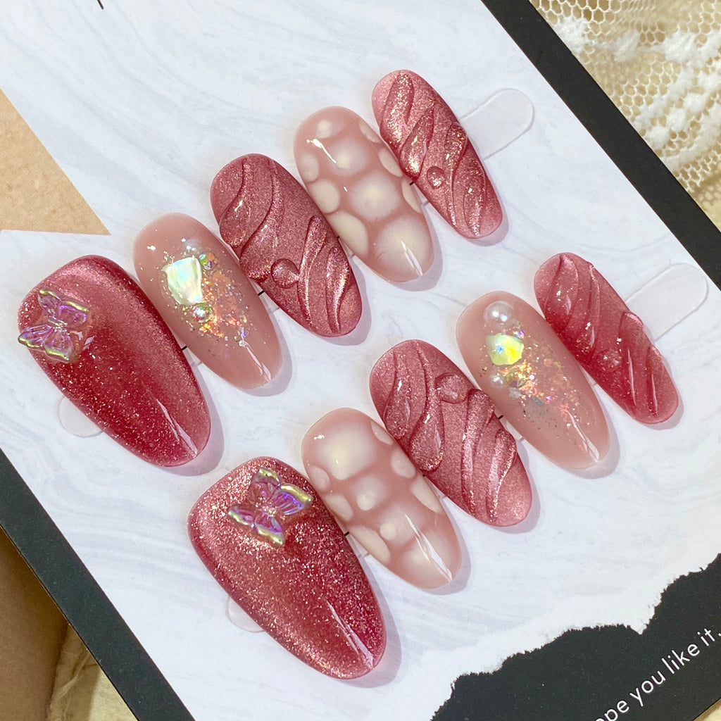Rose Petal Butterfly Press-On Nails